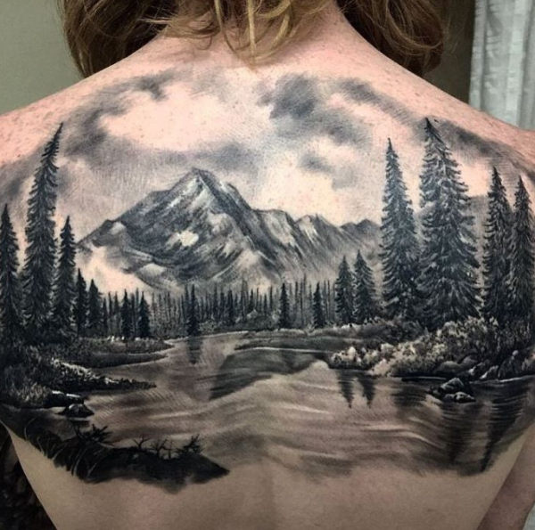 Lukisan alam dengan gunung, pohon, dan sungai